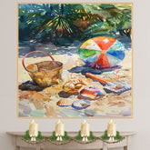 Watercolor Beach Scene with Colorful Ball, Shells, Rusty Bucket, Spade, and Tropical Foliage in the Background on Ready to Hang 1.5" Thick Canvas Wrap, Floating Framed Canvas, Flat Rolled Canvas